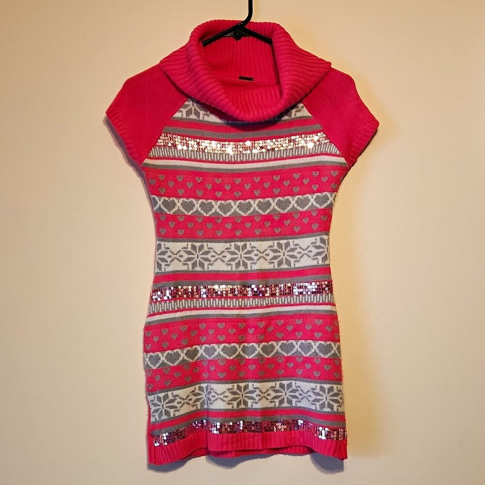Poof Girl Pink Fair Isle Sweater Dress Cowl Neck Sequin Snowflake Hearts Kids L